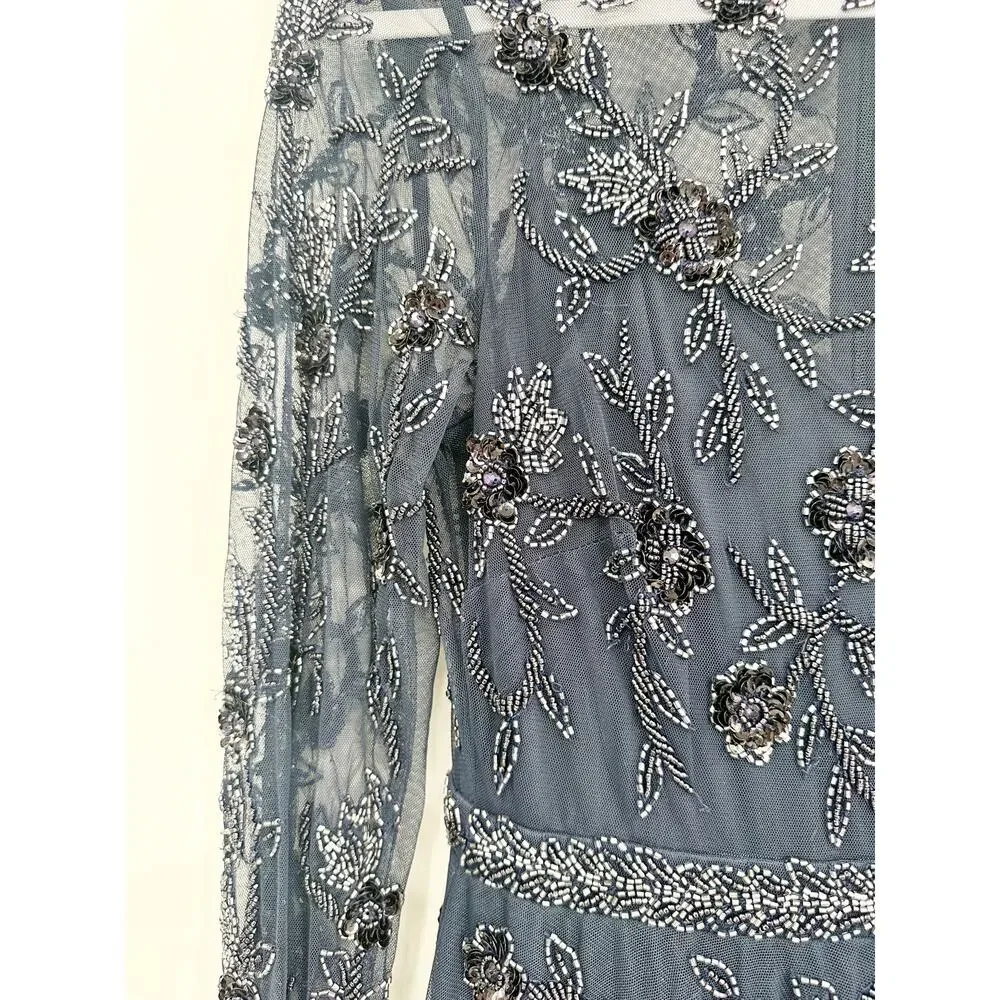 Mac Duggal 10799 Beaded Illusion A-Line‎ Dress Women Size 4 Navy Blue NEW